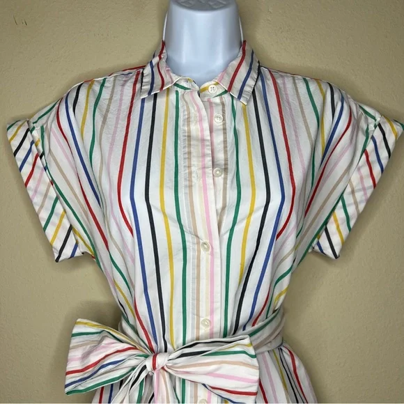 J CREW Button-Front Tie-Waist Top in Rainbow Mini Stripe Poplin - L6710 - Sz XS - Picture 4 of 11